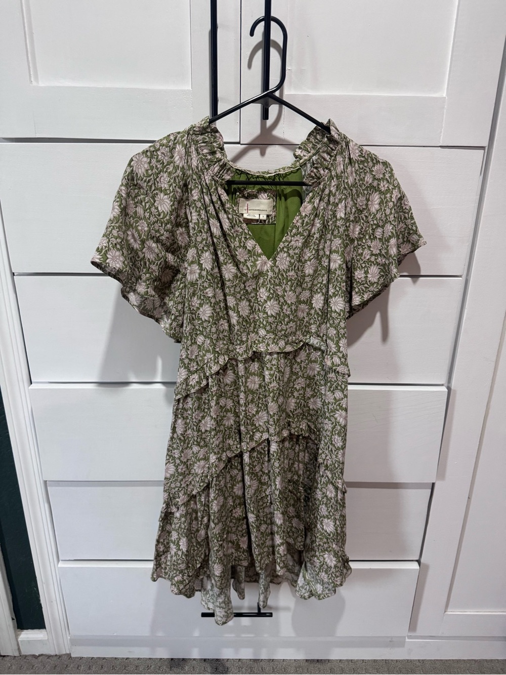 Anthropologie Green Floral Tiered Ruffle Dress